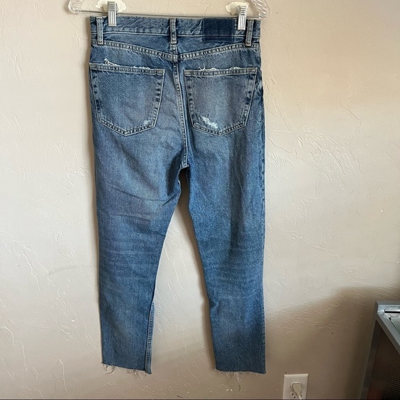 Zara High Rise Button Fly Straight Distressed Gem Bedazzled Raw Hem Denim Jeans - Picture 7 of 14